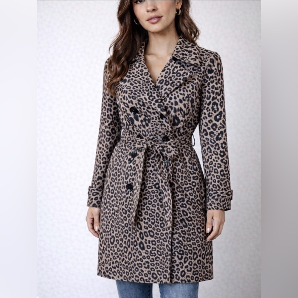Dana Buchman Leopard Animal Print Long Sleeve Double Breasted Long Jacket Coat